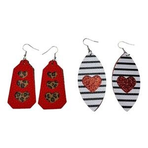 Earrings Heart Love Earring Valentines Earrings Dangle Faux Leather Red White B1